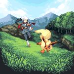  1girl akari_(pokemon) black_hair commentary_request day flareon galaxy_expedition_team_survey_corps_uniform grass head_scarf long_hair lowres mountain open_mouth outdoors pixel_art pointing pokemon pokemon_(creature) pokemon_(game) pokemon_legends:_arceus ponytail red_scarf scarf sky tree warabin_(suteki_denpun) 
