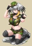  1girl absurdres bangs belt black_footwear black_gloves boots breasts brown_background camouflage camouflage_shirt camouflage_shorts cleavage_cutout clothing_cutout collarbone commentary fingerless_gloves frown full_body gloves grey_hair hair_between_eyes hat head_wings highres japari_symbol_print john_(a2556349) kemono_friends large_breasts midriff multicolored_hair navel pointing pointing_at_viewer shirt shoebill_(kemono_friends) short_shorts short_sleeves shorts simple_background single_sidelock solo tail thigh_boots thighhighs two-tone_hair yellow_eyes zipper 