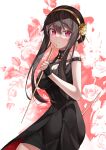  1girl absurdres bangs bare_shoulders black_dress black_hair breasts cleavage cowboy_shot dagger dress floral_background hairband highres holding holding_dagger holding_weapon kd_(kdh45689) knife long_hair red_eyes smile solo spy_x_family weapon yor_briar 