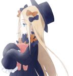  1girl abigail_williams_(fate) bangs black_bow bow breasts citron80citron fate/grand_order fate_(series) forehead highres long_hair multiple_bows orange_bow parted_bangs sleeves_past_fingers sleeves_past_wrists smile stuffed_animal stuffed_toy teddy_bear 