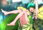 1girl antennae aqua_hair bad_anatomy barefoot butterfly_wings dress eternity_larva eyebrows_visible_through_hair fairy green_dress green_eyes hair_between_eyes highres multicolored_clothes multicolored_dress nakamura_append open_mouth short_hair short_sleeves smile solo touhou wings 
