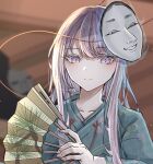  1girl alternate_costume bangs blurry blurry_background bright_pupils closed_mouth eyebrows_visible_through_hair folding_fan green_kimono hand_fan hata_no_kokoro hegata_(hegatia_lapis) holding holding_fan japanese_clothes kimono long_hair long_sleeves looking_at_viewer mask mask_on_head pink_hair solo touhou upper_body white_pupils 