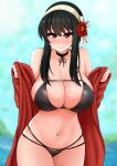  1girl absurdres bangs bare_shoulders bikini black_bikini black_hair blurry blurry_background blush breasts choker closed_mouth cloud collarbone commentary cowboy_shot day english_commentary eyebrows_visible_through_hair hair_between_eyes hairband highres looking_at_viewer navel ocean open_clothes outdoors raised_eyebrows red_eyes short_hair_with_long_locks skindentation sleeves_past_fingers sleeves_past_wrists solo spy_x_family swimsuit the_only_shoe water wide_hips yor_briar 