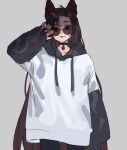  1girl :p alternate_costume animal_ears bad_id bad_twitter_id black_choker black_legwear brown_hair casual choker collarbone commentary contemporary cowboy_shot fingernails gem grey_background grey_hoodie hand_up hood hoodie imaizumi_kagerou long_hair long_sleeves looking_at_viewer marimo_tarou multicolored_clothes multicolored_hoodie nail_polish one-hour_drawing_challenge raised_eyebrow red_eyes red_gemstone red_nails sharp_fingernails simple_background solo thighhighs tinted_eyewear tongue tongue_out touhou very_long_hair white_hoodie wolf_ears wolf_girl 