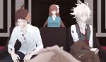  1girl 1other 2boys angry artist_name bangs black_pants bow breasts brown_eyes brown_hair brown_pants collarbone collared_shirt cuts danganronpa_(series) danganronpa_2:_goodbye_despair danganronpa_3_(anime) door dress_shirt green_jacket green_vest grey_eyes grey_hair hair_between_eyes hair_bow highres hinata_hajime indoors injury jacket komaeda_nagito large_breasts long_hair long_sleeves medium_hair messy_hair multiple_boys pants red_vest shirt short_hair slap_mark teeth torn_clothes torn_pants torn_shirt vest white_bow white_hair white_shirt yukizome_chisa zi_(murasaki0615) 