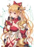  1girl armor bangs blonde_hair blush bow breasts cleavage cowboy_shot creature detached_collar elbow_pads eyebrows_visible_through_hair faulds finger_to_mouth gauntlets granblue_fantasy groin hair_bow highres horns large_breasts long_hair navel parted_lips ponytail red_bow red_eyes revealing_clothes simple_background smile solo underbust very_long_hair vira_(granblue_fantasy) white_background yuntae 