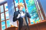  1boy :d bird black_jacket blonde_hair blue_sky brooch butler cowboy_shot cross_tie day dress_shirt dutch_angle food game_cg glasses gloves green_eyes hair_between_eyes highres holding holding_teapot index_finger_raised jacket jewelry looking_at_animal male_focus official_art pants sandwich shinomiya_natsuki shirt short_hair sky smile solo striped striped_pants sunlight teapot teeth third-party_source tree upper_teeth uta_no_prince-sama uta_no_prince-sama:_shining_live waistcoat white_gloves white_shirt window wooden_table 