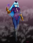  1girl blue_hair bodysuit boots corruption empty_eyes highres ice kula_diamond leather leather_boots leotard mind_control non-web_source shadaloo_dolls street_fighter the_king_of_fighters 