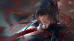  1boy bangs black_hair blue_eyes blurry blurry_background d.gray-man eyebrows_visible_through_hair floating_hair gradient_hair hair_between_eyes holding holding_sword holding_weapon kanda_yuu long_hair male_focus miyukiko motion_blur multicolored_hair open_mouth ponytail portrait red_hair signature solo sword very_long_hair weapon 