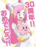  1boy 1girl blue_eyes eyebrows_visible_through_hair gloves helmet highres holding kirby kirby:_planet_robobot kirby_(series) kurachi_mizuki long_hair open_mouth personification pink_hair smile susie_(kirby) translation_request yellow_gloves 