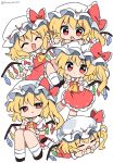  1girl :d :o :| ^_^ ascot bangs black_legwear blonde_hair bow closed_eyes closed_mouth commentary crystal d: eyebrows_visible_through_hair flandre_scarlet frilled_bow frills hat highres looking_at_viewer medium_hair mob_cap multiple_views ramudia_(lamyun) red_bow red_eyes red_skirt red_vest shirt short_sleeves skirt skirt_set smile socks touhou vest white_headwear white_legwear white_shirt wings wrist_cuffs yellow_ascot 