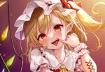  1girl ascot bangs blonde_hair blush bow corset_piercing crystal ear_piercing eyebrows_visible_through_hair fangs flandre_scarlet frilled_shirt_collar frills gradient gradient_background hair_behind_ear hat hat_bow hat_ribbon head_tilt jewelry looking_at_viewer mob_cap mouth_pull one_side_up open_mouth piercing pointy_ears puffy_short_sleeves puffy_sleeves purple_background red_eyes red_ribbon red_vest ribbon shanghai_bisu shirt short_sleeves sidelighting simple_background solo tongue tongue_out tongue_piercing touhou upper_body vest white_shirt wings wrist_cuffs 