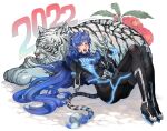  1boy 1other androgynous animal_ears asymmetrical_hair blue_hair bodysuit byakko_(megami_tensei) dated eyelashes fangs flower full_body hands_up knees_up legs long_hair lying male_focus on_back open_mouth orange_eyes paw_pose protagonist_(smtv) shin_megami_tensei shin_megami_tensei_v shiny shiny_hair single_sidelock tail tiger_ears tiger_tail twitter_username umeeeyoukan very_long_hair 