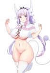 1girl absurdres bangs blue_eyes blunt_bangs blush bottomless breasts cleavage dragon_girl dragon_horns eyebrows_visible_through_hair hair_ornament hairband highres horns kanna_kamui kobayashi-san_chi_no_maidragon large_breasts light_purple_hair long_hair low_twintails navel older open_mouth pink_hair simple_background solo tail thighhighs triago_rodri twintails white_background 