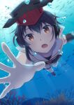  1girl :o asymmetrical_hair black_hair breasts brown_eyes brown_neckerchief bubble coral crop_top fish hair_between_eyes headphones i-14_(kancolle) kantai_collection looking_at_viewer nao_(nao_eg) neckerchief ocean reaching_out sailor_collar school_swimsuit short_hair small_breasts swimming swimsuit thigh_strap 