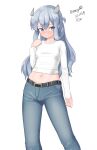  1girl absurdres alternate_costume denim fake_horns feet_out_of_frame grey_pants headgear highres horned_headwear horns i-203_(kancolle) jeans kantai_collection light_blue_eyes light_blue_hair long_hair long_sleeves looking_at_viewer maru_(marg0613) midriff navel one-hour_drawing_challenge pants shirt sidelocks simple_background solo standing twitter_username white_background white_shirt 