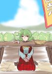  1girl absurdres burijittou cabbage cloud cloudy_sky day eyebrows eyelashes field green_hair highres kazami_yuuka lettuce mountain outdoors red_eyes short_hair sketch sky table touhou 