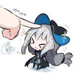  &gt;_&lt; 1girl 1other ^^^ absurdly_long_hair arknights bangs beni_shake black_gloves black_headwear black_jacket black_pants blush_stickers chibi closed_eyes eyebrows_visible_through_hair flying_sweatdrops gloves grey_hair grey_shirt hat index_finger_raised jacket long_hair low-tied_long_hair open_mouth out_of_frame pants poking shirt signature skadi_(arknights) solo_focus translated very_long_hair wavy_mouth white_background 