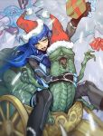  !? 1boy 2others arm_up asymmetrical_hair blue_hair blurry blurry_foreground bodysuit box christmas feet_out_of_frame fur_trim gift gift_box girimehkala hands_up hat hug long_hair lower_teeth male_focus mara_(megami_tensei) multiple_others open_mouth protagonist_(smtv) sack santa_hat shin_megami_tensei shin_megami_tensei_v shiny shiny_hair single_sidelock sitting snowing teeth umeeeyoukan 