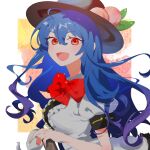  1girl :d bangs black_headwear blue_hair bow bowtie buttons center_frills collared_shirt dot_nose eyelashes frills fruit_hat_ornament hair_between_eyes highres hinanawi_tenshi long_hair looking_at_viewer open_mouth outside_border peach_hat_ornament red_bow red_bowtie red_eyes shirt sidelocks smile sobamushi_mo solo sword_of_hisou symbol-only_commentary touhou twitter_username upper_body white_shirt wing_collar 