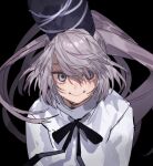  1girl bad_id bad_twitter_id black_background black_headwear black_ribbon closed_mouth commentary eyebrows_behind_hair floating_hair grey_eyes grey_hair hair_between_eyes hat japanese_clothes kariginu long_hair looking_at_viewer marimo_tarou mononobe_no_futo neck_ribbon one-hour_drawing_challenge ponytail ribbon simple_background smile solo tate_eboshi touhou upper_body very_long_hair 