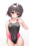  1girl 9_-nine-_kokonotsu_kokonoka_kokonoiro absurdres black_hair black_swimsuit breasts collarbone competition_swimsuit covered_navel hair_intakes highleg highleg_swimsuit highres looking_at_viewer ncontrail_(mgax7527) one-piece_swimsuit red_eyes short_hair simple_background small_breasts solo swimsuit white_background yuuki_noa 