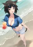  1girl :d absurdres animal_ears beach bikini bikini_under_clothes black_hair blue_hawaii blue_shirt breasts cat_ears cat_girl cat_tail cleavage commission crop_top cup drinking_glass earrings eyewear_on_head facial_mark final_fantasy final_fantasy_xiv front-tie_top green_eyes grey_shorts halterneck highres holding hurricane_glass jewelry large_breasts looking_at_viewer midriff miqo&#039;te molyb navel open_mouth revision sand shirt short_hair short_shorts short_sleeves shorts slippers smile solo standing stomach string_bikini sunglasses swimsuit tail thighs tropical_drink v-shaped_eyebrows water wet whisker_markings 