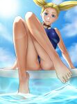  1girl bare_arms bare_legs barefoot bell blonde_hair blue_eyes blue_sky blue_swimsuit cloud day floating_hair from_below grin highres jingle_bell jujutsu_kaisen lens_flare long_hair looking_at_viewer nishimiya_momo outdoors poolside reimei33 school_swimsuit sky smile solo swimsuit 