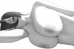  1girl armpits asahi_(lvl) blush breasts collarbone completely_nude english_commentary greyscale hair_between_eyes horns huge_breasts long_hair looking_at_viewer lvl_(sentrythe2310) lying midriff monochrome nipples nude on_side oni_horns original simple_background solo upper_body 