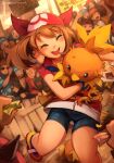  4girls 6+boys :d archie_(pokemon) bandana bangs bike_shorts blush brown_hair clock closed_eyes collared_shirt commentary eyebrows_visible_through_hair eyelashes fence highres holding holding_money holding_pokemon khyle. leg_up maxie_(pokemon) may_(pokemon) money multiple_boys multiple_girls open_mouth poke_ball_print pokemon pokemon_(creature) pokemon_(game) pokemon_breeder_(pokemon) pokemon_ranger_(pokemon) pokemon_rse red_bandana red_shirt scott_(pokemon) shirt shoes short_sleeves skirt smile team_aqua team_aqua_grunt team_magma team_magma_grunt teeth tongue torchic upper_teeth watermark wattson_(pokemon) web_address white_skirt 