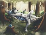  anthro canid canine canis forest hammock hi_res hookah kori_rain li24ji lying male mammal pillow plant smoking solo summer tree wolf 