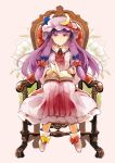  1girl :o azuma_aya bangs blue_bow blunt_bangs book bow chair collar crescent crescent_hat_ornament dress frilled_collar frills hair_bow hat hat_bow hat_ornament highres long_hair long_sleeves mob_cap official_art patchouli_knowledge purple_dress purple_eyes purple_hair purple_headwear red_bow ribbon-trimmed_collar ribbon_trim sitting solo strange_creators_of_outer_world striped striped_dress third-party_source touhou vertical-striped_dress vertical_stripes white_footwear yellow_bow 