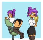  bent_over bottomwear chair clothed clothing dress_shirt ear_piercing ear_ring female furniture genie hair humanoid humanoid_pointy_ears ilogikusername legwear looking_at_viewer multiple_poses not_furry office_chair panties pencil_skirt piercing pose purple_hair raised_bottomwear raised_clothing raised_skirt shantae shantae_(series) shirt simple_background skirt smile solo thigh_highs topwear underwear video_games wayforward 