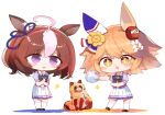  +_+ 2girls :d @_@ ahoge animal animal_ears black_bow blush blush_stickers bow brown_eyes brown_footwear brown_hair chibi colored_shadow commentary_request crystal_ball daruma_doll flower hair_flower hair_ornament hairband holding horse_ears kotatu_(akaki01aoki00) loafers matikanefukukitaru_(umamusume) meisho_doto_(umamusume) multicolored_hair multiple_girls pink_hairband pleated_skirt puffy_short_sleeves puffy_sleeves purple_eyes purple_shirt shadow shirt shoes short_sleeves skirt smile sparkle standing thighhighs two-tone_hair umamusume white_background white_hair white_legwear white_skirt yellow_flower 