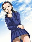  black_hair blazer brown_eyes dress_shirt from_below hairband jacket long_hair long_sleeves miniskirt necktie original panties pantyshot pantyshot_(standing) pleated_skirt school_uniform shirt skirt solo standing underwear upskirt watage_(tondeke_watage) white_panties 