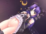  blush bottomless censored dutch_angle game_cg inugami_poemu jpeg_artifacts mahiro_takeumi mosaic_censoring navel nee_chanto_shiyou_yo! nee_chanto_shiyou_yo!_2 no_panties purple_hair pussy ribbon skirt skirt_lift solo thighhighs yellow_eyes 