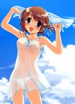  blue_eyes blush breasts brown_hair contrapposto dress folded_ponytail highres jpeg_artifacts komaki_manaka lace lace-trimmed_panties lingerie medium_breasts nipples no_bra panties see-through shiukichi solo standing to_heart_2 underwear white_dress white_panties 