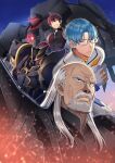  3boys absurdres arroganz bald bangs beard black_eyes black_hair blue_eyes blue_hair chris_fia_arclight embers facial_hair glasses glowing grey_hair hair_behind_ear highres leon_fou_bartford long_hair looking_at_viewer mecha multiple_boys mustache official_art otome_gee_sekai_wa_mob_ni_kibishii_sekai_desu parted_bangs science_fiction shiosato_jun v-shaped_eyebrows visor 