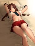  1girl between_breasts braid breasts brown_hair furufuru_fugu gloves green_eyes kantai_collection large_breasts looking_at_viewer lying navel noshiro_(kancolle) on_back on_bed open_clothes open_mouth open_shirt pleated_skirt red_skirt skirt solo sweat twin_braids white_gloves 