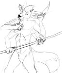  anthro canid canine cervid fox hi_res hybrid knife male mammal melee_weapon multi_arm multi_ear multi_limb nude polearm solo spear standing vixthefox weapon 