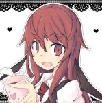  1girl :d ayase_yuuki_(mikan_mochi) bat_wings black_outline black_vest blush collared_shirt cup dot_nose eyebrows_visible_through_hair hair_between_eyes head_wings heart holding holding_cup koakuma lace_border long_hair long_sleeves looking_at_viewer necktie outline red_eyes red_hair red_necktie shirt sidelocks simple_background smile solo steam touhou upper_body vest white_background white_outline white_shirt wings 
