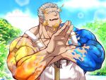  1boy bara biceps blue_skin character_request colored_skin facial_hair fiery_hair forked_eyebrows goatee hammer hands_up highres holding holding_hammer kizami_nori_to_yamaimo large_pectorals long_sideburns looking_at_viewer male_focus mature_male muscular muscular_male official_alternate_costume orange_skin overalls pectorals short_hair sideburns smile solo sunlight thick_eyebrows tokyo_afterschool_summoners upper_body veins veiny_arms white_hair 