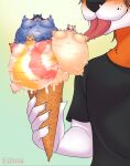  absurd_res anthro blueberry_(fruit) canid canine dark_ethna dessert domestic_cat felid feline felis female food fox fruit group hi_res ice_cream inflation licking male mammal plant tongue tongue_out vanilla vore 