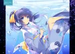  1girl :o absurdres bangs blue_eyes blue_hair bow feet_out_of_frame floral_print hair_bow hand_fan high_ponytail highres holding holding_fan japanese_clothes kimono long_hair looking_at_viewer obi original paper_fan ponytail sash solo suzuhira_hiro translation_request underwater water water_drop yellow_bow yukata 