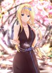  1girl alice_zuberg bare_arms bare_shoulders black_dress blonde_hair blue_eyes braid braided_ponytail breasts dress evening_gown flower gown hair_intakes hairband highres long_hair looking_at_viewer no_bra ponytail shi-2 smile sword_art_online sword_art_online:_alicization white_hairband 