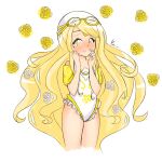  1girl absurdres aphrodite_(nyanko_daisensou) artist_name blonde_hair blush embarrassed flat_chest floral_print flower frown goggles goggles_on_headwear hair_flower hair_ornament highres hip_focus long_hair maiini nyanko_daisensou swim_cap swimsuit white_background yellow_eyes 