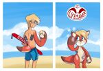  after_transformation animate_inanimate anthro beach bottomwear canid canine clothing ear_piercing ear_ring fox handles hi_res human inanimorphs inflatable living_inflatable looking_away looking_back male mammal mid_transformation nozzle pawpads piercing pool_toy seaside shorts solo transformation water 