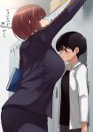  1boy 1girl absurdres bangs black_hair black_jacket blush breasts brown_hair collared_shirt commentary_request cowboy_shot height_difference highres jacket large_breasts long_sleeves original profile ricochet-gou shirt short_hair translation_request white_shirt 