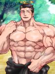  1boy abs bara black_hair blush bulge clothes_around_waist cowboy_shot facial_hair halo highres kizami_nori_to_yamaimo large_pectorals looking_at_viewer male_focus mature_male muscular muscular_male navel nipples open_bodysuit pectorals short_hair sideburns smile solo stomach stubble sunlight sweat tokyo_afterschool_summoners topless_male tree veins veiny_arms zabaniya_(housamo) 