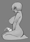  1girl bar_censor barefoot blush breasts censored cum ejaculation eyebrows_visible_through_hair from_side full_body futanari futanari_masturbation grey_background greyscale landolt_tamaki large_breasts masturbation monochrome nipples original penis profile short_hair simple_background sitting solo wariza 